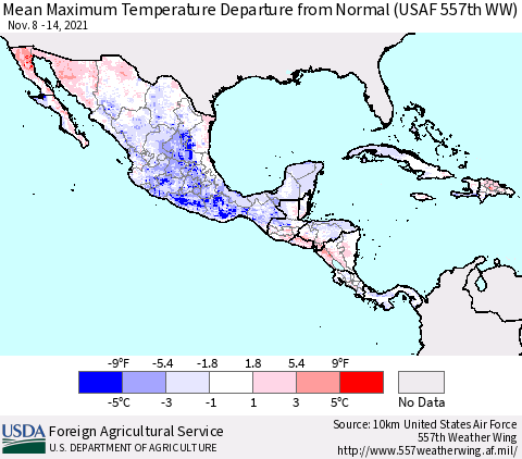 Mexico Central America and the Caribbean Mean Maximum Temperature Departure from Normal (USAF 557th WW) Thematic Map For 11/8/2021 - 11/14/2021
