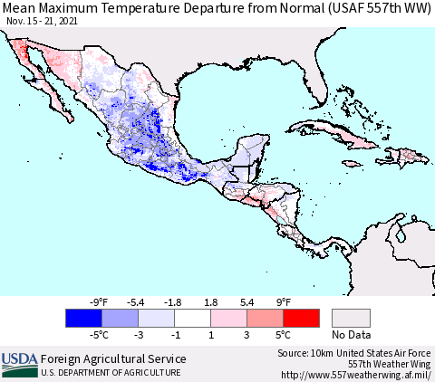 Mexico Central America and the Caribbean Mean Maximum Temperature Departure from Normal (USAF 557th WW) Thematic Map For 11/15/2021 - 11/21/2021