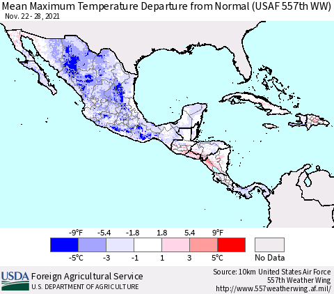 Mexico Central America and the Caribbean Mean Maximum Temperature Departure from Normal (USAF 557th WW) Thematic Map For 11/22/2021 - 11/28/2021