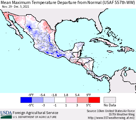 Mexico Central America and the Caribbean Mean Maximum Temperature Departure from Normal (USAF 557th WW) Thematic Map For 11/29/2021 - 12/5/2021