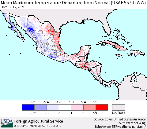 Mexico Central America and the Caribbean Mean Maximum Temperature Departure from Normal (USAF 557th WW) Thematic Map For 12/6/2021 - 12/12/2021