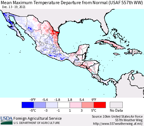 Mexico Central America and the Caribbean Mean Maximum Temperature Departure from Normal (USAF 557th WW) Thematic Map For 12/13/2021 - 12/19/2021