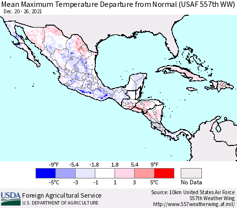 Mexico Central America and the Caribbean Mean Maximum Temperature Departure from Normal (USAF 557th WW) Thematic Map For 12/20/2021 - 12/26/2021