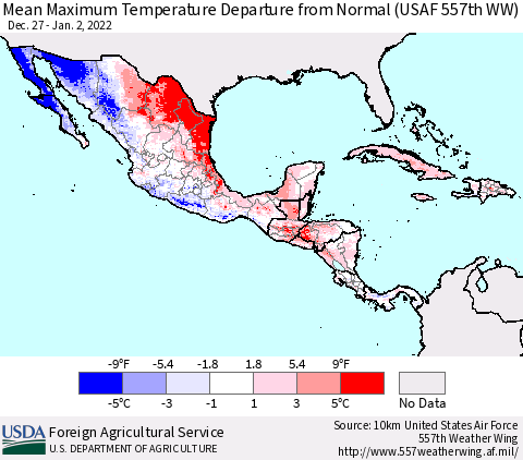 Mexico Central America and the Caribbean Mean Maximum Temperature Departure from Normal (USAF 557th WW) Thematic Map For 12/27/2021 - 1/2/2022