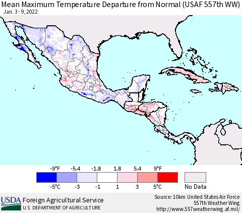 Mexico Central America and the Caribbean Mean Maximum Temperature Departure from Normal (USAF 557th WW) Thematic Map For 1/3/2022 - 1/9/2022
