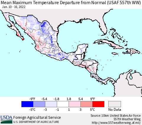 Mexico Central America and the Caribbean Mean Maximum Temperature Departure from Normal (USAF 557th WW) Thematic Map For 1/10/2022 - 1/16/2022