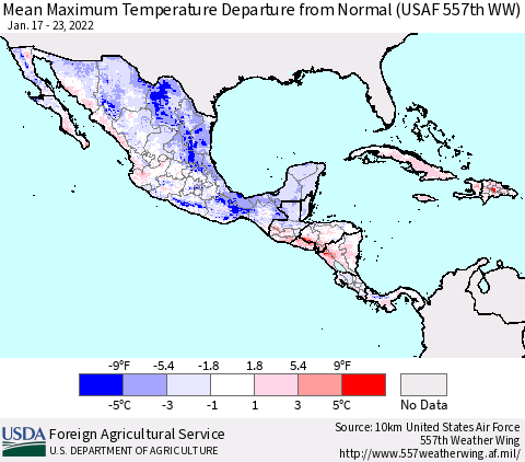 Mexico Central America and the Caribbean Mean Maximum Temperature Departure from Normal (USAF 557th WW) Thematic Map For 1/17/2022 - 1/23/2022