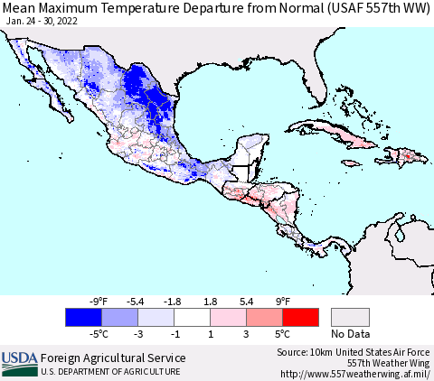 Mexico Central America and the Caribbean Mean Maximum Temperature Departure from Normal (USAF 557th WW) Thematic Map For 1/24/2022 - 1/30/2022