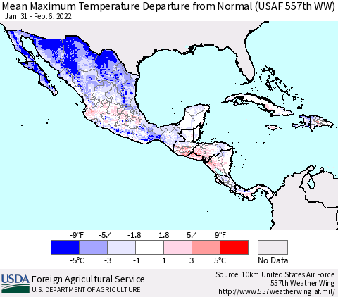 Mexico Central America and the Caribbean Mean Maximum Temperature Departure from Normal (USAF 557th WW) Thematic Map For 1/31/2022 - 2/6/2022