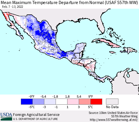 Mexico Central America and the Caribbean Mean Maximum Temperature Departure from Normal (USAF 557th WW) Thematic Map For 2/7/2022 - 2/13/2022
