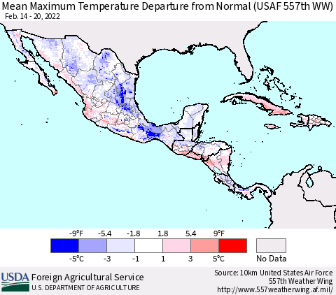 Mexico Central America and the Caribbean Mean Maximum Temperature Departure from Normal (USAF 557th WW) Thematic Map For 2/14/2022 - 2/20/2022