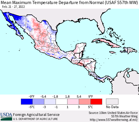 Mexico Central America and the Caribbean Mean Maximum Temperature Departure from Normal (USAF 557th WW) Thematic Map For 2/21/2022 - 2/27/2022