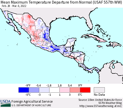 Mexico Central America and the Caribbean Mean Maximum Temperature Departure from Normal (USAF 557th WW) Thematic Map For 2/28/2022 - 3/6/2022