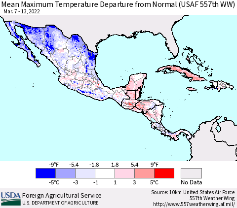 Mexico Central America and the Caribbean Mean Maximum Temperature Departure from Normal (USAF 557th WW) Thematic Map For 3/7/2022 - 3/13/2022
