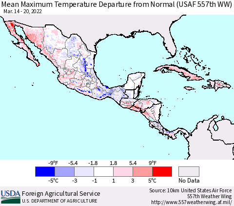 Mexico Central America and the Caribbean Mean Maximum Temperature Departure from Normal (USAF 557th WW) Thematic Map For 3/14/2022 - 3/20/2022