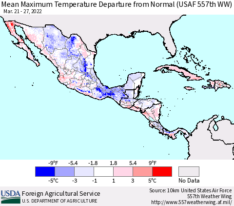 Mexico Central America and the Caribbean Mean Maximum Temperature Departure from Normal (USAF 557th WW) Thematic Map For 3/21/2022 - 3/27/2022