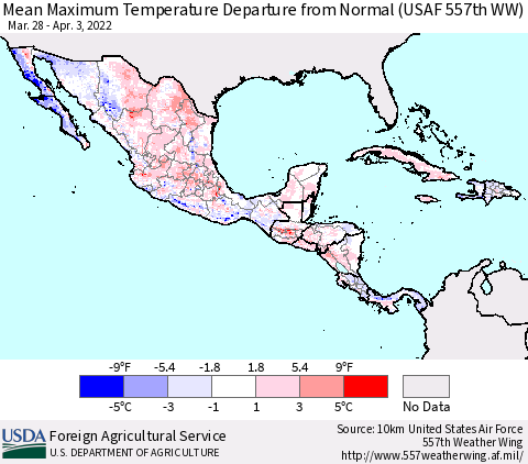 Mexico Central America and the Caribbean Mean Maximum Temperature Departure from Normal (USAF 557th WW) Thematic Map For 3/28/2022 - 4/3/2022