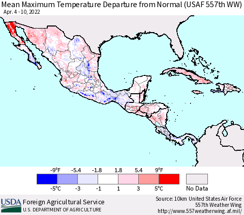 Mexico Central America and the Caribbean Mean Maximum Temperature Departure from Normal (USAF 557th WW) Thematic Map For 4/4/2022 - 4/10/2022