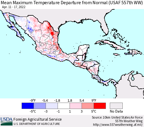 Mexico Central America and the Caribbean Mean Maximum Temperature Departure from Normal (USAF 557th WW) Thematic Map For 4/11/2022 - 4/17/2022