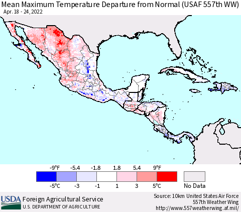 Mexico Central America and the Caribbean Mean Maximum Temperature Departure from Normal (USAF 557th WW) Thematic Map For 4/18/2022 - 4/24/2022