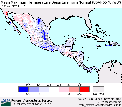Mexico Central America and the Caribbean Mean Maximum Temperature Departure from Normal (USAF 557th WW) Thematic Map For 4/25/2022 - 5/1/2022