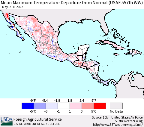 Mexico Central America and the Caribbean Mean Maximum Temperature Departure from Normal (USAF 557th WW) Thematic Map For 5/2/2022 - 5/8/2022