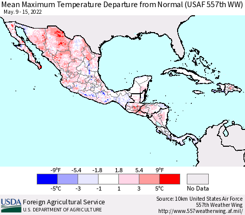 Mexico Central America and the Caribbean Mean Maximum Temperature Departure from Normal (USAF 557th WW) Thematic Map For 5/9/2022 - 5/15/2022