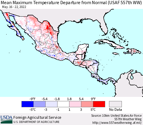 Mexico Central America and the Caribbean Mean Maximum Temperature Departure from Normal (USAF 557th WW) Thematic Map For 5/16/2022 - 5/22/2022