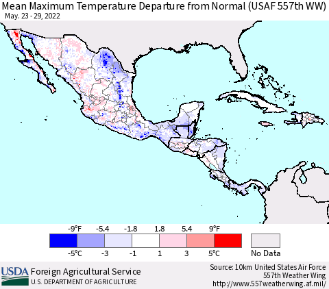 Mexico Central America and the Caribbean Mean Maximum Temperature Departure from Normal (USAF 557th WW) Thematic Map For 5/23/2022 - 5/29/2022