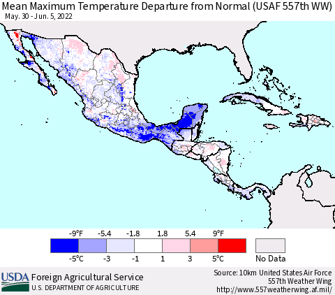 Mexico Central America and the Caribbean Mean Maximum Temperature Departure from Normal (USAF 557th WW) Thematic Map For 5/30/2022 - 6/5/2022