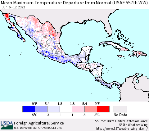 Mexico Central America and the Caribbean Mean Maximum Temperature Departure from Normal (USAF 557th WW) Thematic Map For 6/6/2022 - 6/12/2022