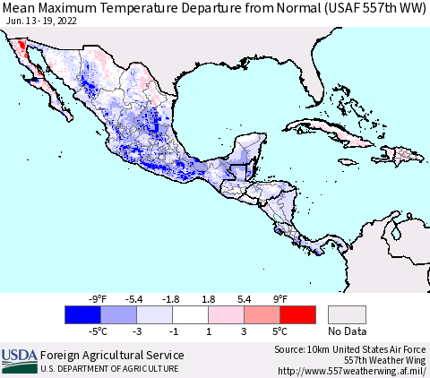 Mexico Central America and the Caribbean Mean Maximum Temperature Departure from Normal (USAF 557th WW) Thematic Map For 6/13/2022 - 6/19/2022