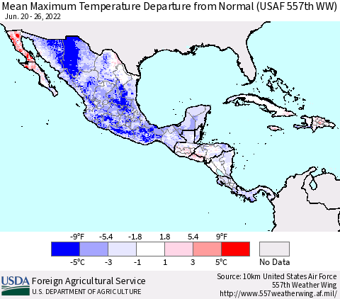 Mexico Central America and the Caribbean Mean Maximum Temperature Departure from Normal (USAF 557th WW) Thematic Map For 6/20/2022 - 6/26/2022