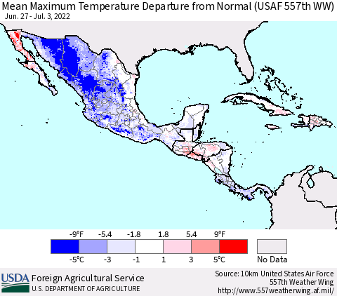 Mexico Central America and the Caribbean Mean Maximum Temperature Departure from Normal (USAF 557th WW) Thematic Map For 6/27/2022 - 7/3/2022