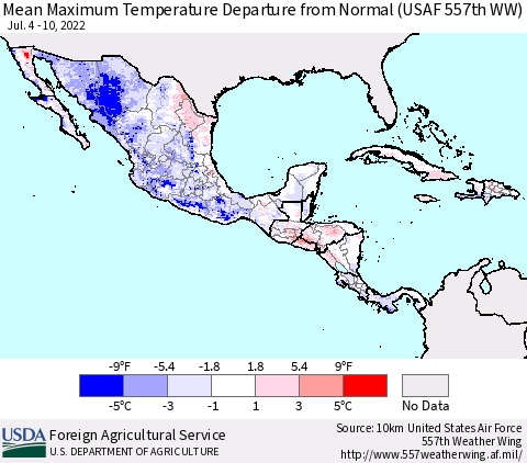 Mexico Central America and the Caribbean Mean Maximum Temperature Departure from Normal (USAF 557th WW) Thematic Map For 7/4/2022 - 7/10/2022