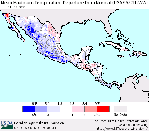 Mexico Central America and the Caribbean Mean Maximum Temperature Departure from Normal (USAF 557th WW) Thematic Map For 7/11/2022 - 7/17/2022