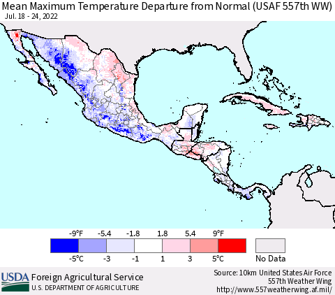 Mexico Central America and the Caribbean Mean Maximum Temperature Departure from Normal (USAF 557th WW) Thematic Map For 7/18/2022 - 7/24/2022