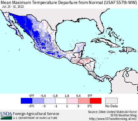 Mexico Central America and the Caribbean Mean Maximum Temperature Departure from Normal (USAF 557th WW) Thematic Map For 7/25/2022 - 7/31/2022