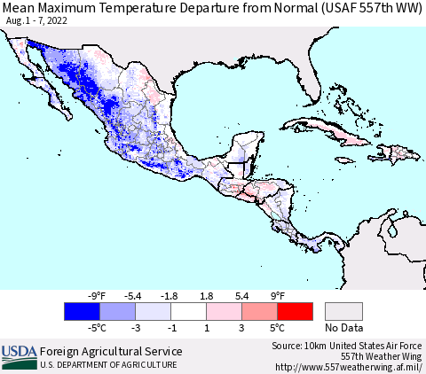Mexico Central America and the Caribbean Mean Maximum Temperature Departure from Normal (USAF 557th WW) Thematic Map For 8/1/2022 - 8/7/2022