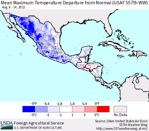 Mexico Central America and the Caribbean Mean Maximum Temperature Departure from Normal (USAF 557th WW) Thematic Map For 8/8/2022 - 8/14/2022