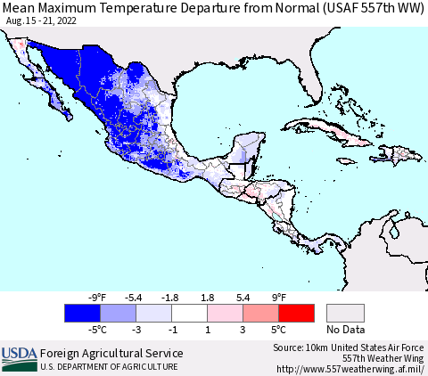 Mexico Central America and the Caribbean Mean Maximum Temperature Departure from Normal (USAF 557th WW) Thematic Map For 8/15/2022 - 8/21/2022