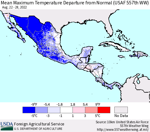 Mexico Central America and the Caribbean Mean Maximum Temperature Departure from Normal (USAF 557th WW) Thematic Map For 8/22/2022 - 8/28/2022