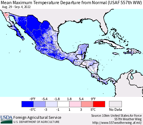 Mexico Central America and the Caribbean Mean Maximum Temperature Departure from Normal (USAF 557th WW) Thematic Map For 8/29/2022 - 9/4/2022