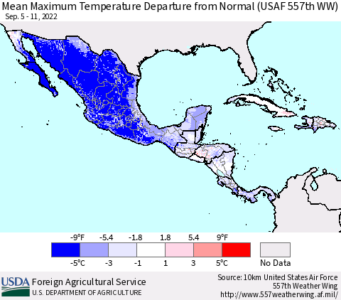 Mexico Central America and the Caribbean Mean Maximum Temperature Departure from Normal (USAF 557th WW) Thematic Map For 9/5/2022 - 9/11/2022