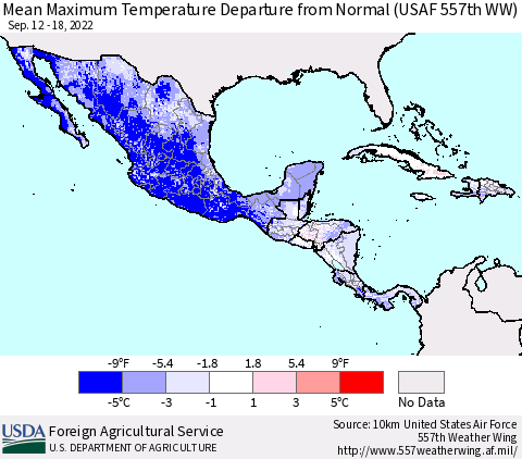 Mexico Central America and the Caribbean Mean Maximum Temperature Departure from Normal (USAF 557th WW) Thematic Map For 9/12/2022 - 9/18/2022