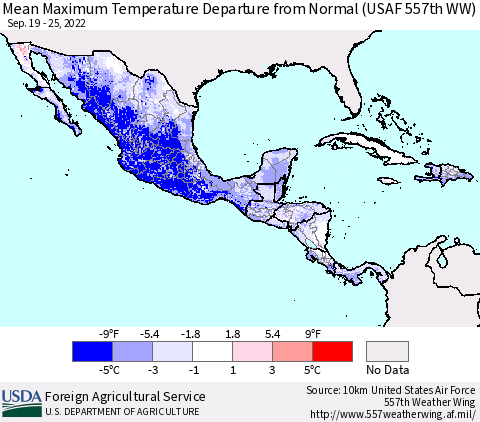 Mexico Central America and the Caribbean Mean Maximum Temperature Departure from Normal (USAF 557th WW) Thematic Map For 9/19/2022 - 9/25/2022