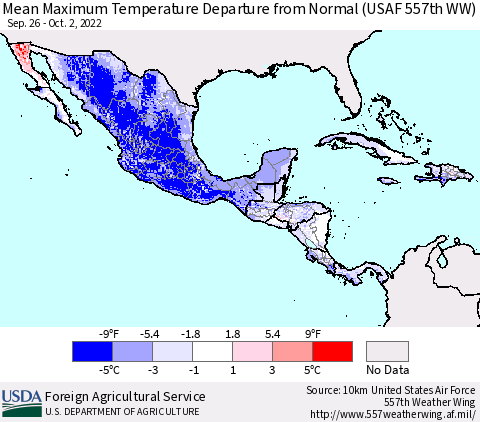 Mexico Central America and the Caribbean Mean Maximum Temperature Departure from Normal (USAF 557th WW) Thematic Map For 9/26/2022 - 10/2/2022