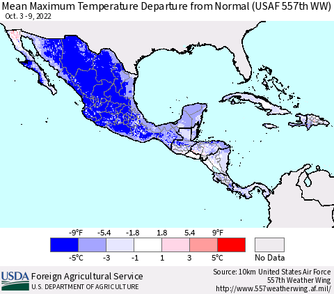 Mexico Central America and the Caribbean Mean Maximum Temperature Departure from Normal (USAF 557th WW) Thematic Map For 10/3/2022 - 10/9/2022