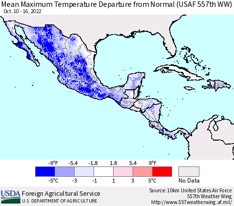 Mexico Central America and the Caribbean Mean Maximum Temperature Departure from Normal (USAF 557th WW) Thematic Map For 10/10/2022 - 10/16/2022