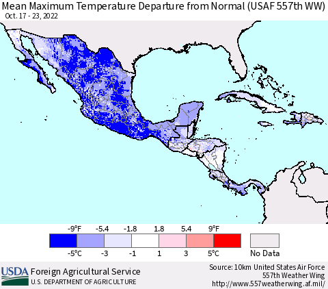 Mexico Central America and the Caribbean Mean Maximum Temperature Departure from Normal (USAF 557th WW) Thematic Map For 10/17/2022 - 10/23/2022